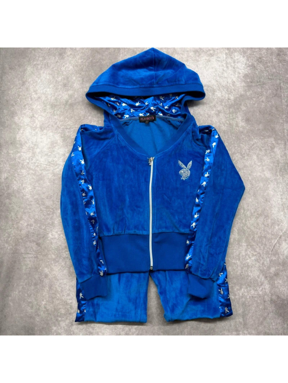 Vintage Playboy Royal Blue Velour Tracksuit Set Rhinestone Bunny Y2K S